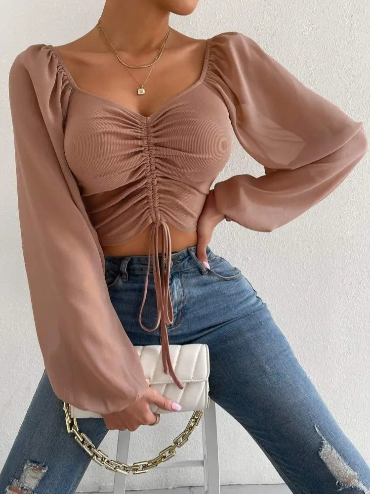 Stylish Puff Sleeve Lace-Up V-Neck Tops for Women