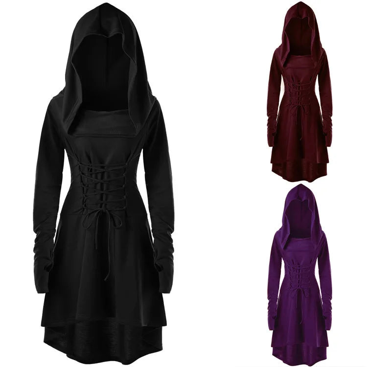 Women's Solid Color Festival Dress with Long Sleeves and Hood
