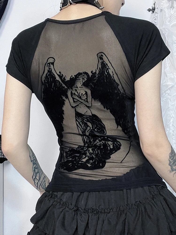 Vintage Black AngelPrint T-shirt for Women Autumn Fashion