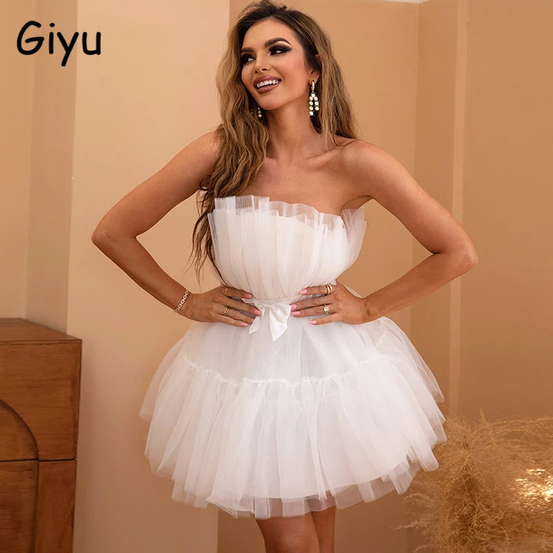 Mesh Backless Bow Pleated Evening Party Mini Dress