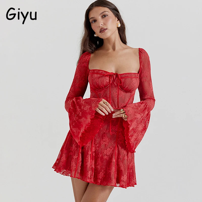 Sexy Lace Mesh Flare Sleeve Club Party Dress