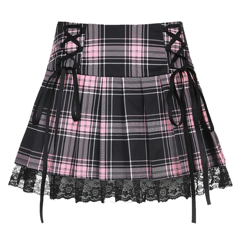 Pink Stripe Plaid Lace Trim Pleated School Skirt - Classic Goth Style
