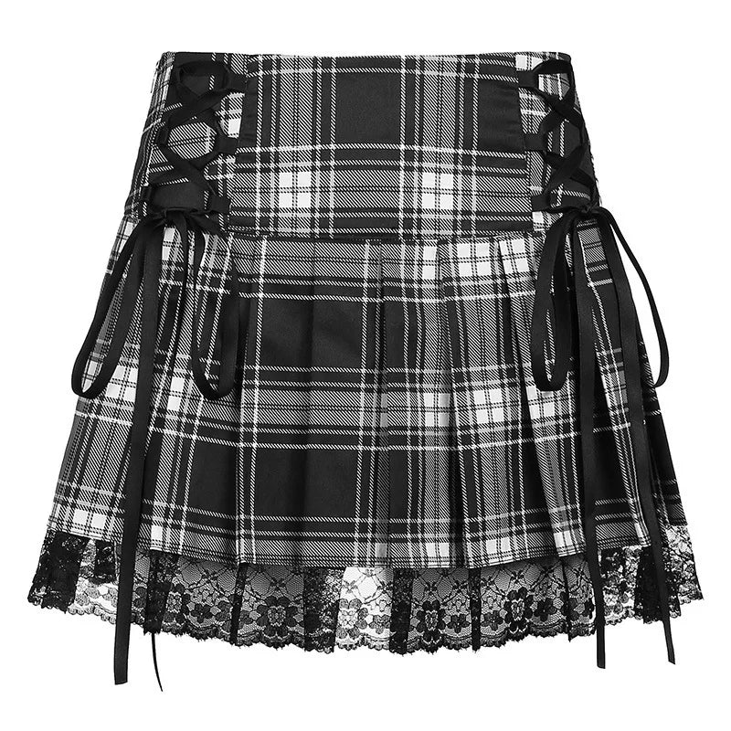 Pink Stripe Plaid Lace Trim Pleated School Skirt - Classic Goth Style