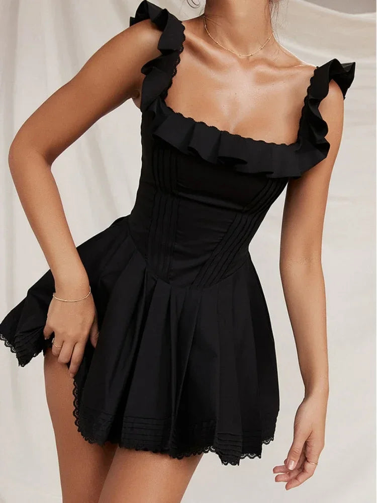 Mini Black Square Neck Pleated Dress A-Line Party Dresses