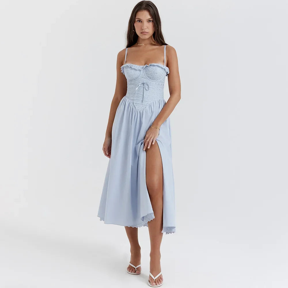 Blue Lace Spaghetti Strap Midi Dress with High Split