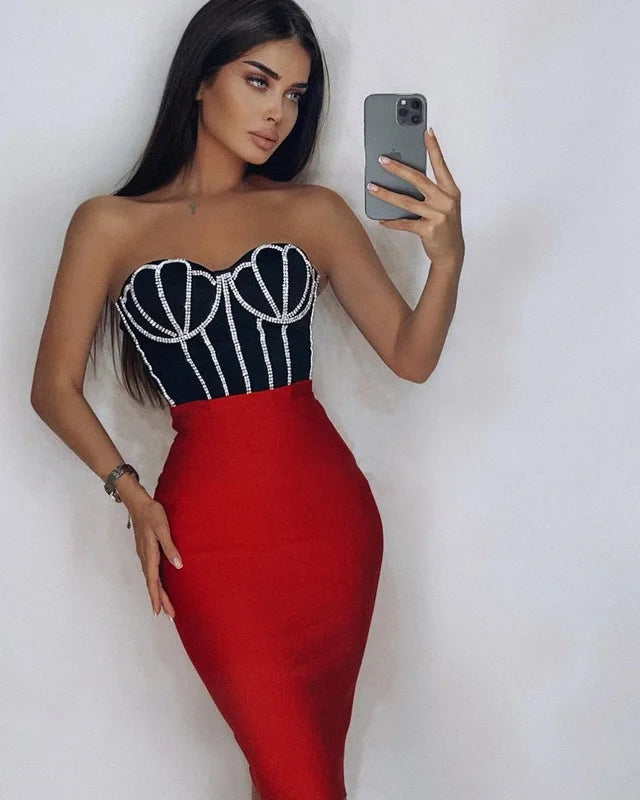 Red Black Bandage Dress: Strapless Bodycon Mini for Girls’ Party