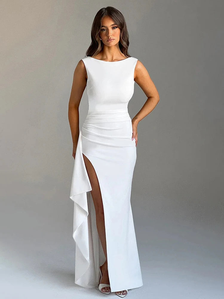 Long slim bodycon dress with ruffles and high split