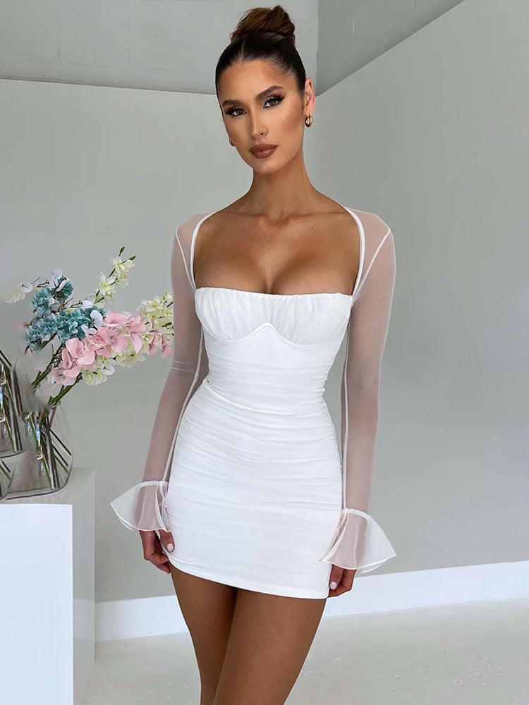 Mesh Slim Bodycon Pleated Nightclub Mini Dress Long Sleeve