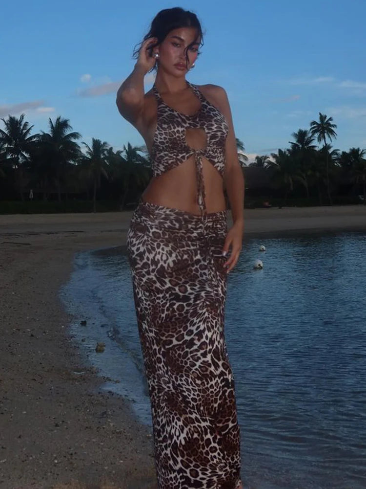 Leopard Print Crop Top and Skirt Set for Women