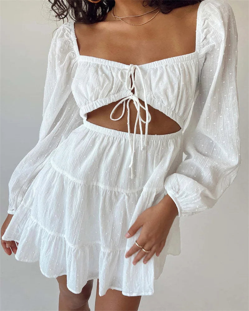 White V-Neck Lace Up Dress: Summer Women's Hollow Out Mini
