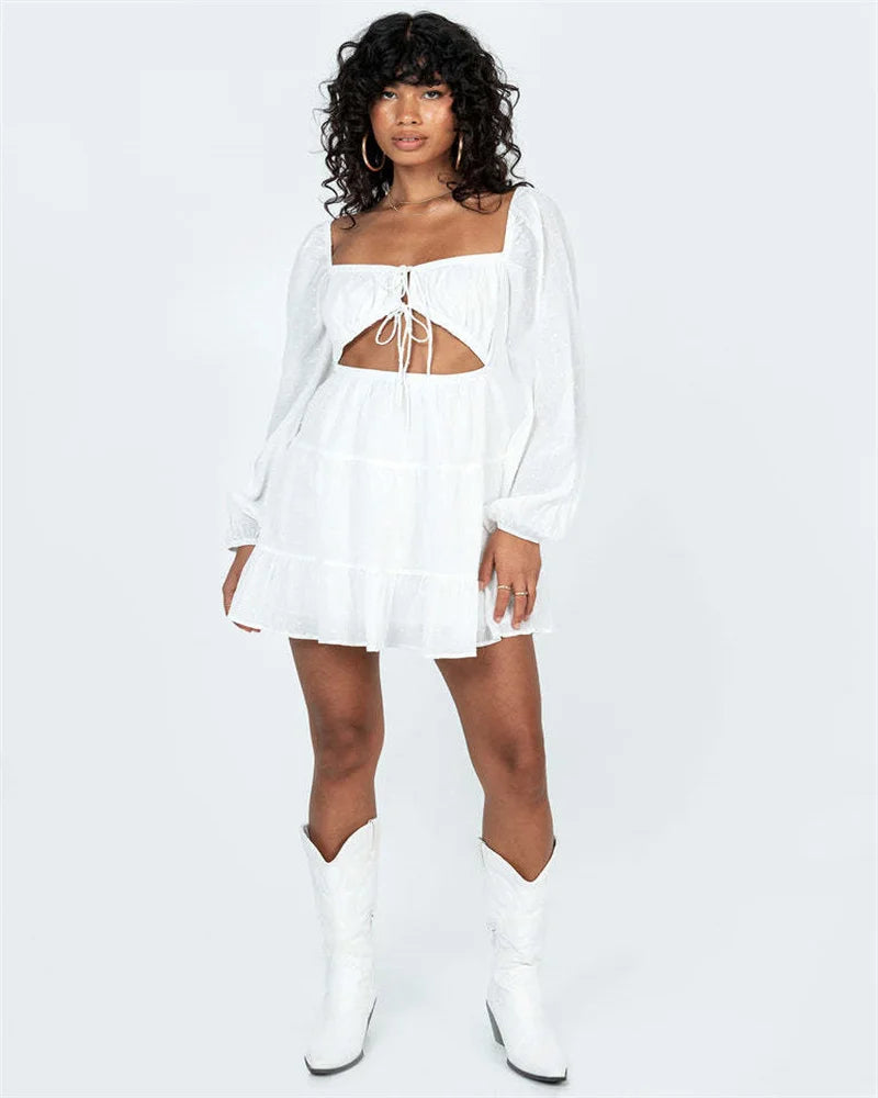 White V-Neck Lace Up Dress: Summer Women’s Hollow Out Mini