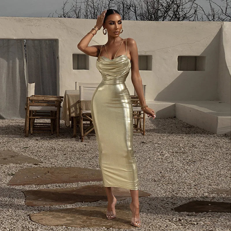 Gold Midi Dress: Sexy Bodycon Wrap Chest Backless Summer Dress
