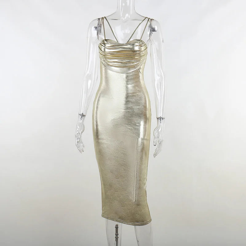 Gold Midi Dress: Sexy Bodycon Wrap Chest Backless Summer Dress