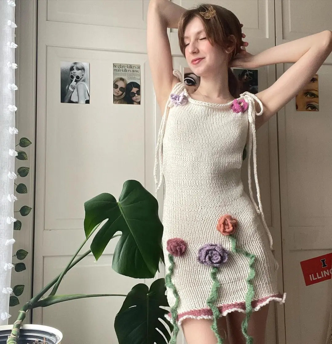 Women's Summer Sleeveless 3D Crochet Mini Dress with Tie Strap