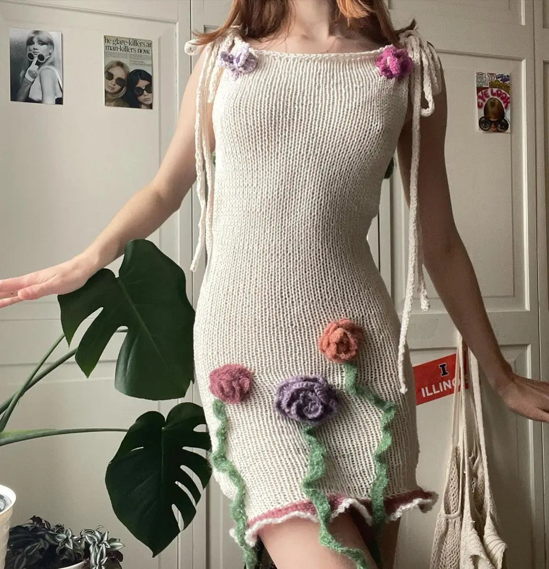 Women’s Summer Sleeveless 3D Crochet Mini Dress with Tie Strap