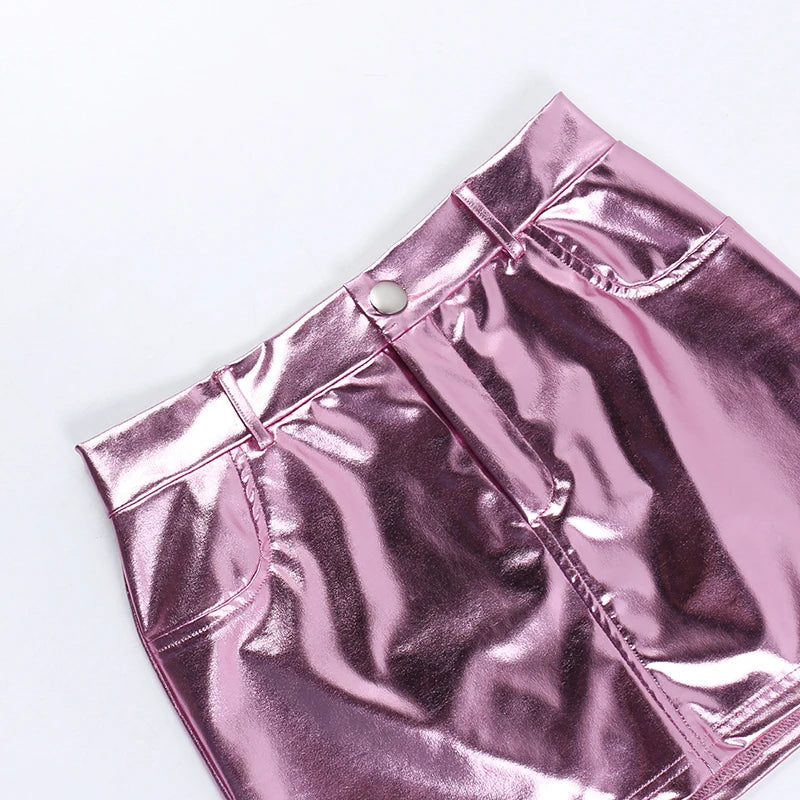 Bright Pink Metallic Short Skirt for Women - High Waist Slim Fit Korean Fashion