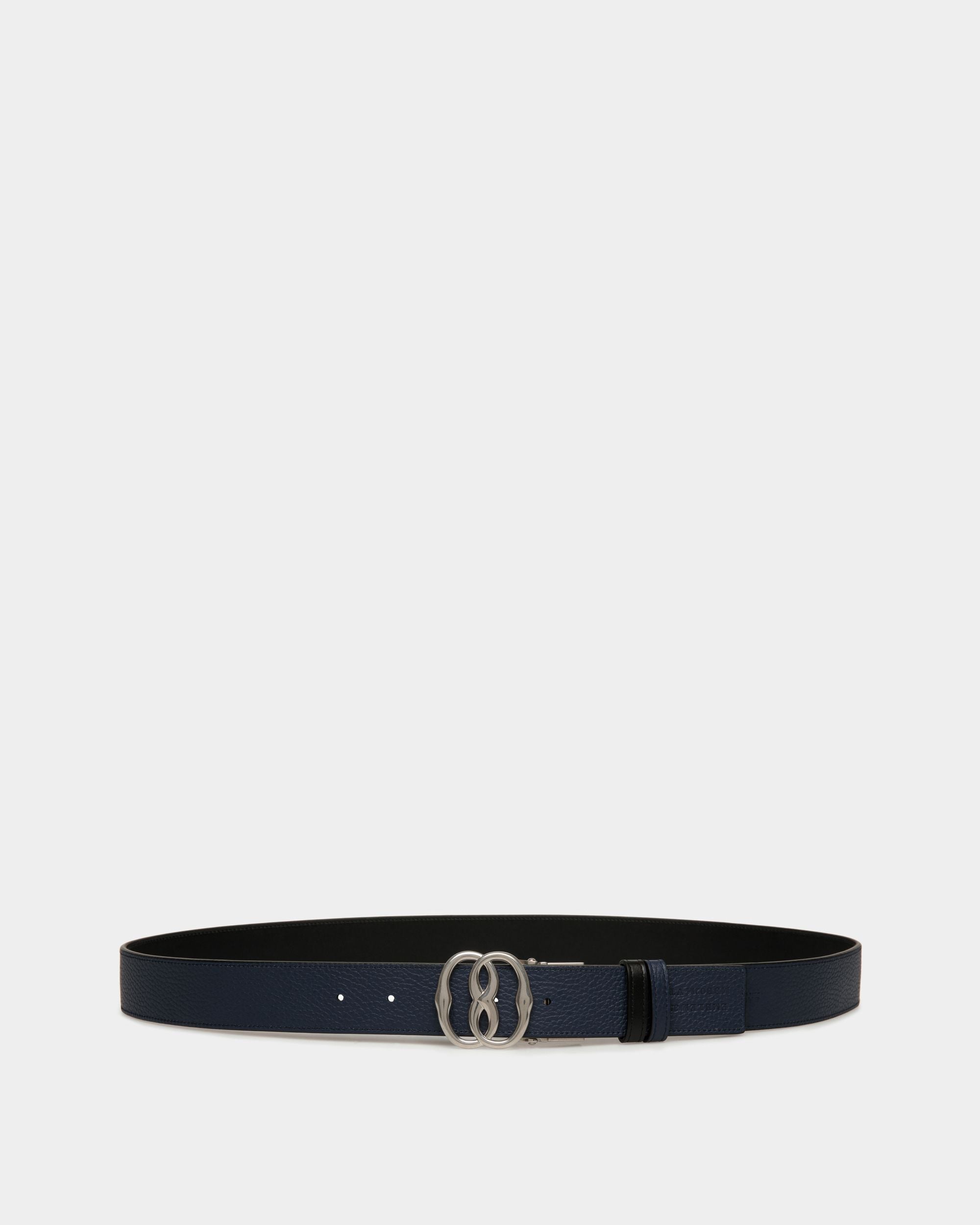 Emblem 35mm | Men's Reversible And Adjustable Belt in Black And Blue Leather| Bally | Still Life Front