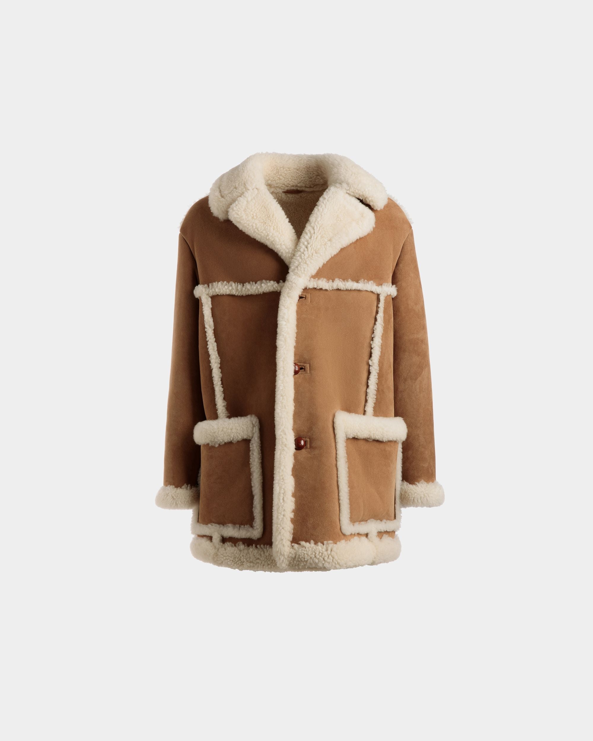 Men's Aviator Coat In Brown Leather and Merino | Bally | Still Life Front