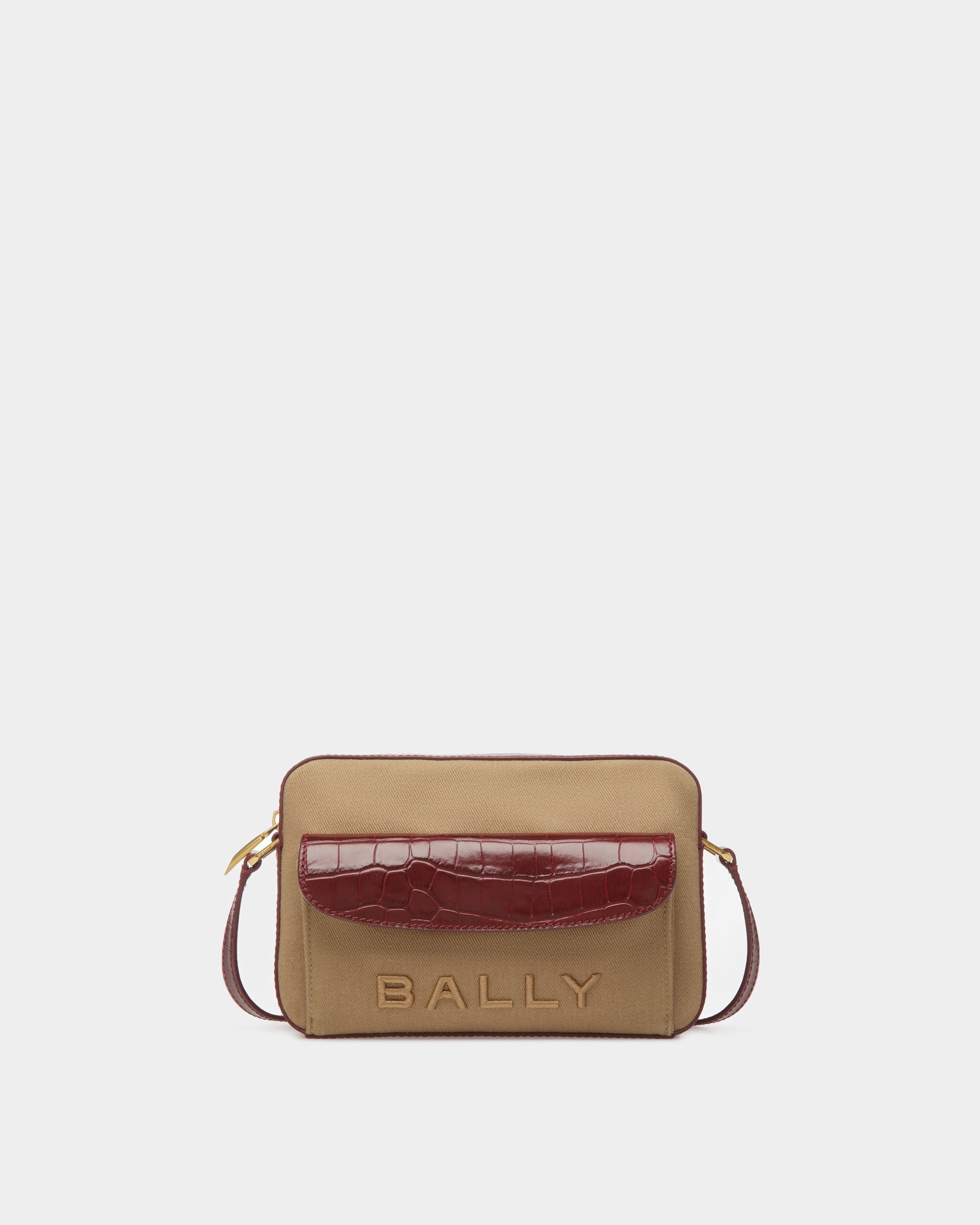 Women's Bar Crossbody Bag In Sand And Burgundy Fabric