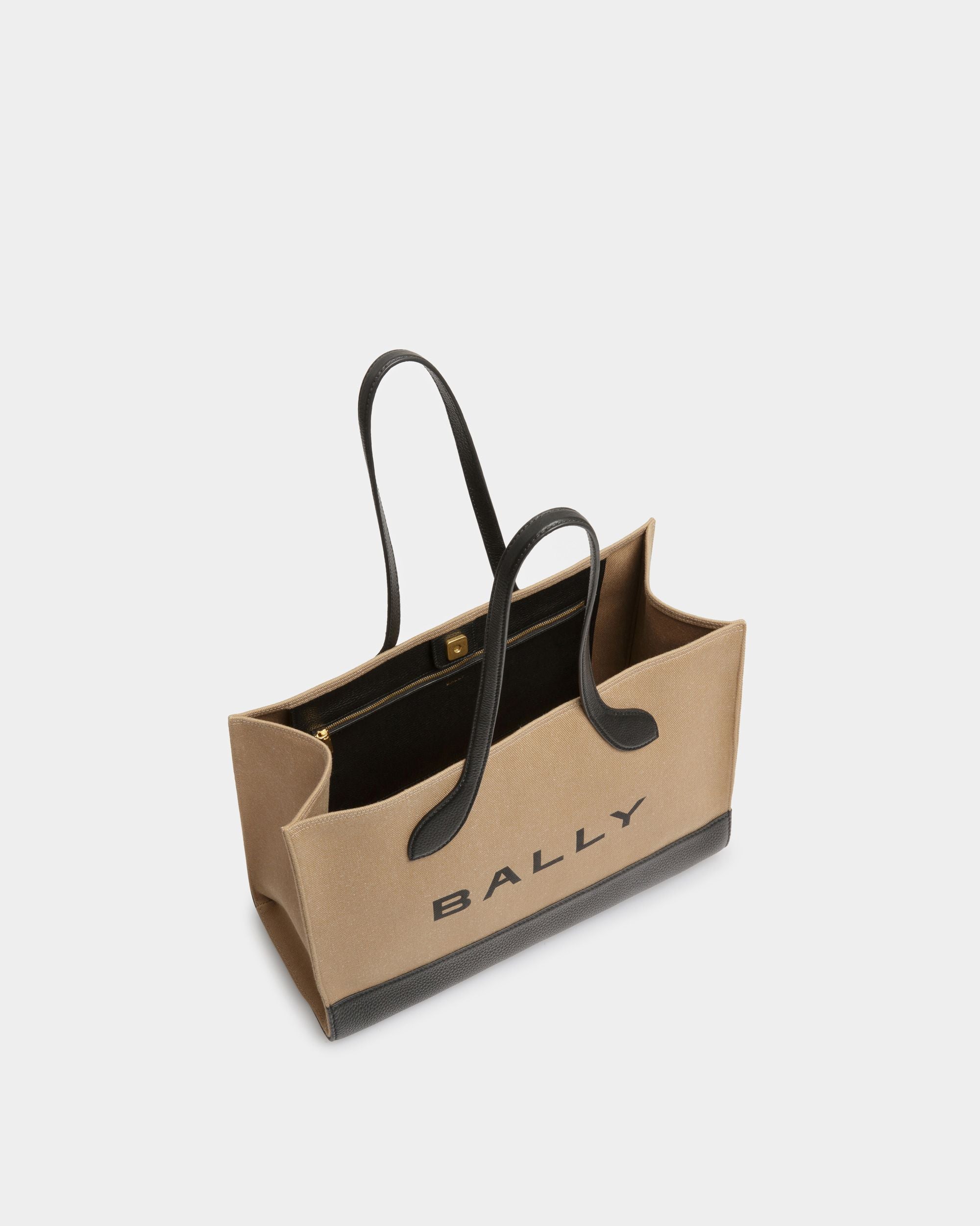 Women's Bar Tote Bag In Sand And Black Fabric | Bally