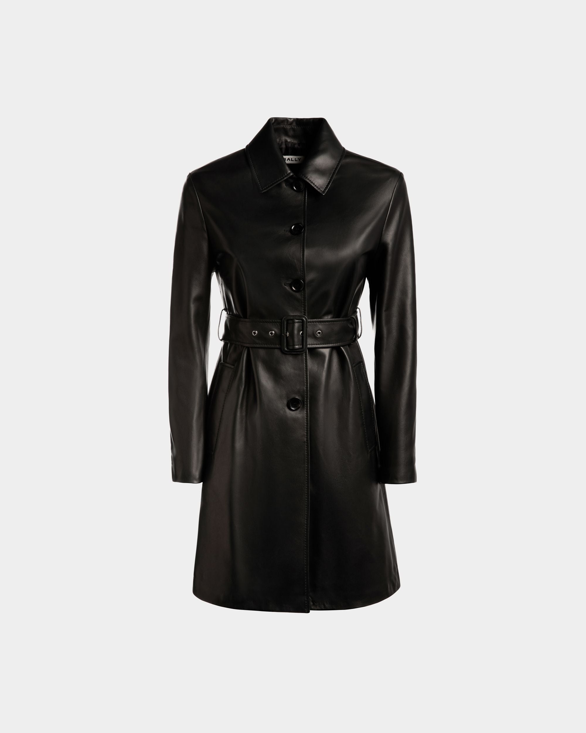 Women's Belted Midi Coat in Black Leather | Bally | Still Life Front