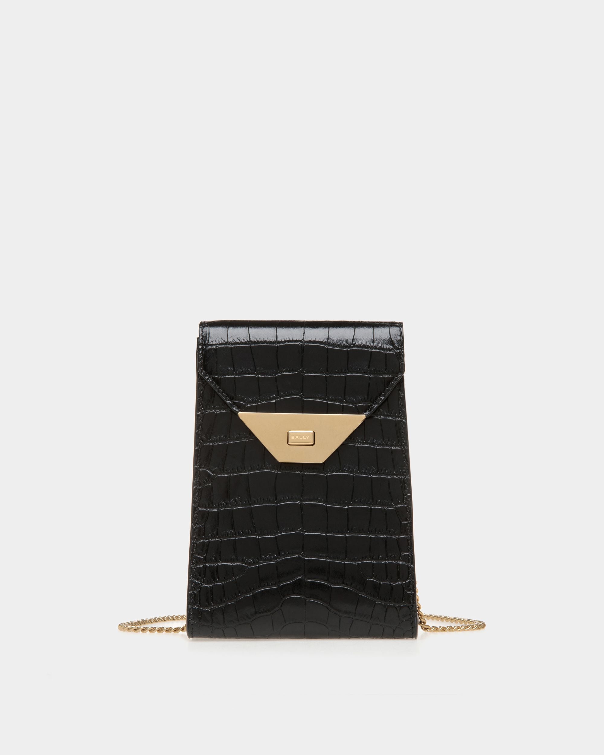 Tilt | Women's Phone Bag in Black Crocodile Print Leather | Bally | Still Life Front