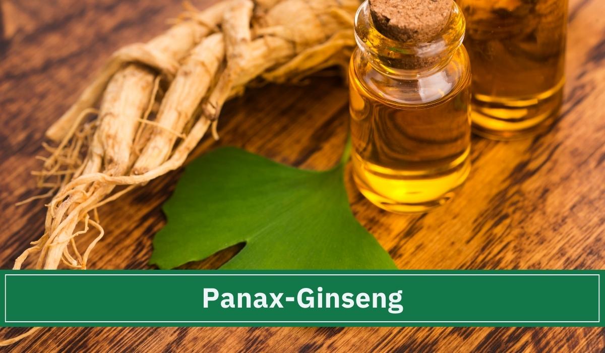 Das Adaptogen Ginseng sowie Ginseng Extrakt auf einem Tisch mit einem grünen Blatt.