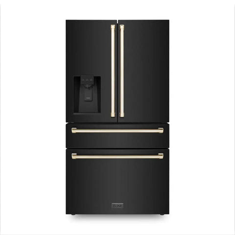 ZLINE 36" Autograph Edition 21.6 cu. ft Freestanding French Door Refrigerator with Water and Ice Dispenser in Fingerprint Resistant Black Stainless Steel with Accents (RFMZ-W-36-BS)