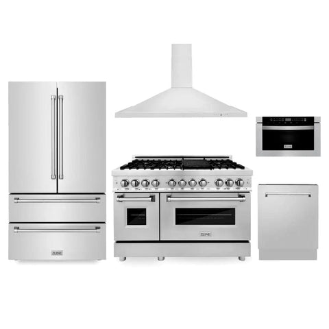 ZLINE Kitchen Package with Refrigeration, 48" Stainless Steel Dual Fuel Range, 48" Convertible Vent Range Hood, 24" Microwave Drawer, and 24" Tall Tub Dishwasher (5KPR-RARH48-MWDWV)