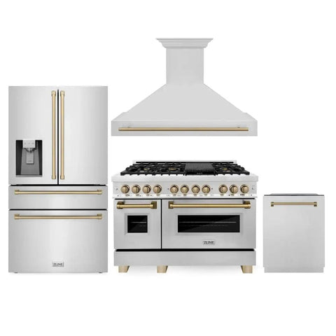 ZLINE 48" Autograph Edition Kitchen Package with Stainless Steel Dual Fuel Range, Range Hood, Dishwasher and Refrigeration with Champagne Bronze Accents (4AKPR-RARHDWM48-CB)