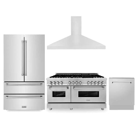 ZLINE Kitchen Package with Refrigeration, 48" Stainless Steel Dual Fuel Range, 48" Convertible Vent Range Hood and 24" Tall Tub Dishwasher (4KPR-RARH60-DWV)