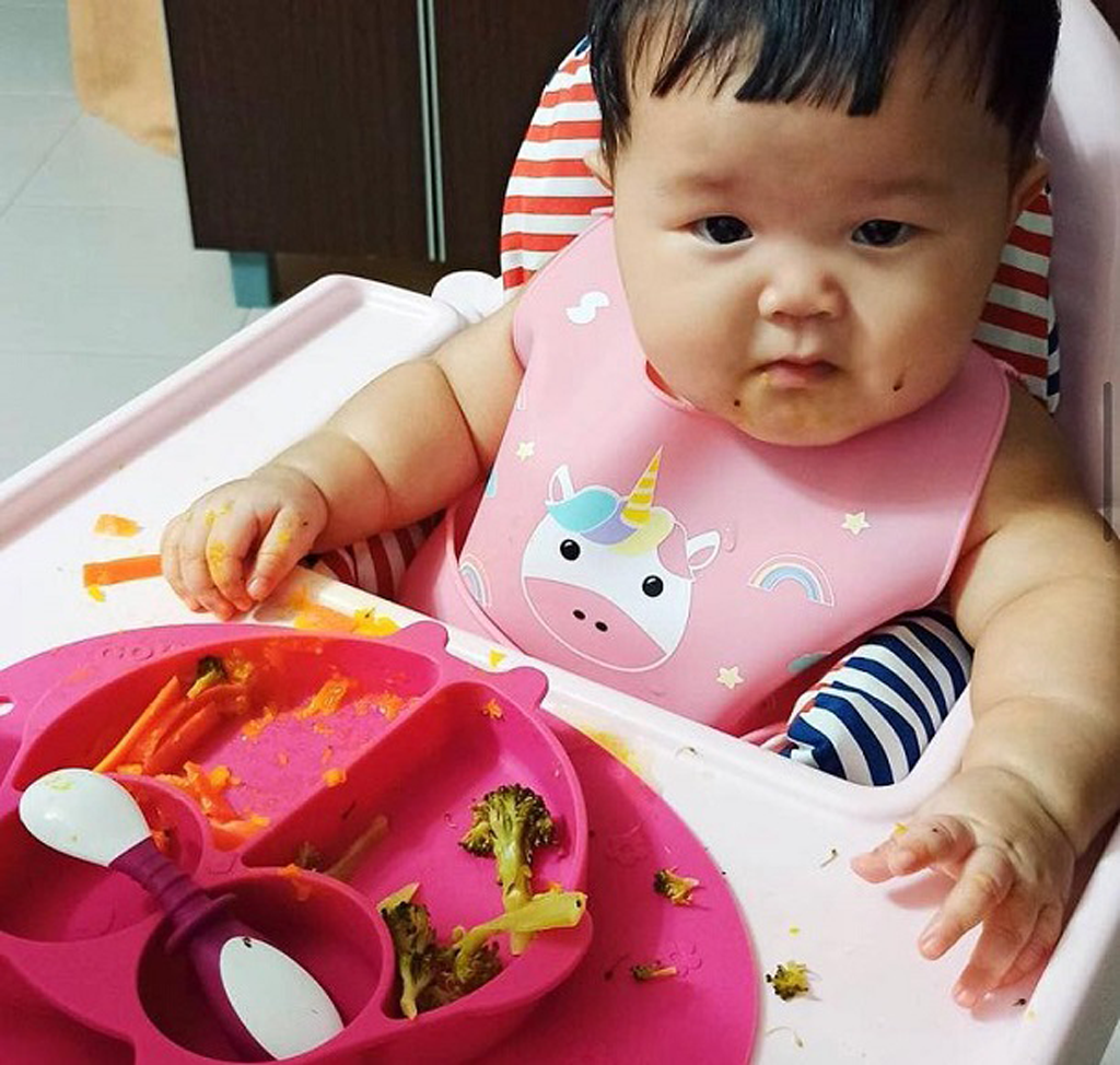 Baby in a highchair eating foods with silicone suction plate