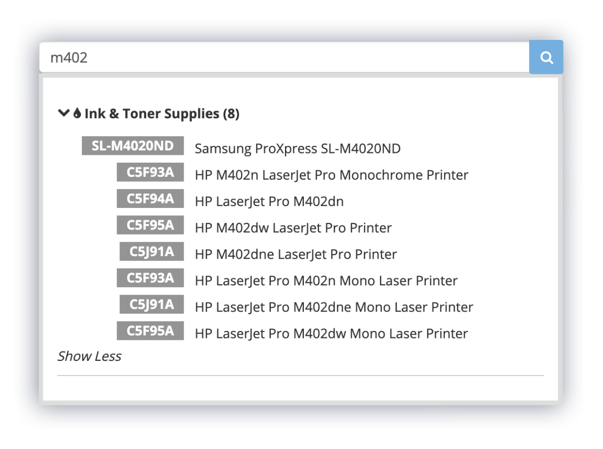 A search bar displaying ink and toner supply results