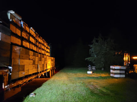 Loading honeybee hives onto a truck at night