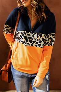 Thumbnail for Leopard Color Block Quarter Zip Sweatshirt