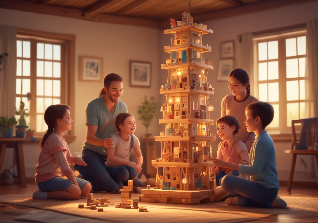 Family playing wooden tower game