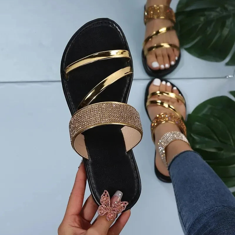 Summer Sandals for Women Flat Sandal Sparkle Rhinestone Slide Trendy Women's Beach Sparkly Dressy Slip on Bling Casual Shoes