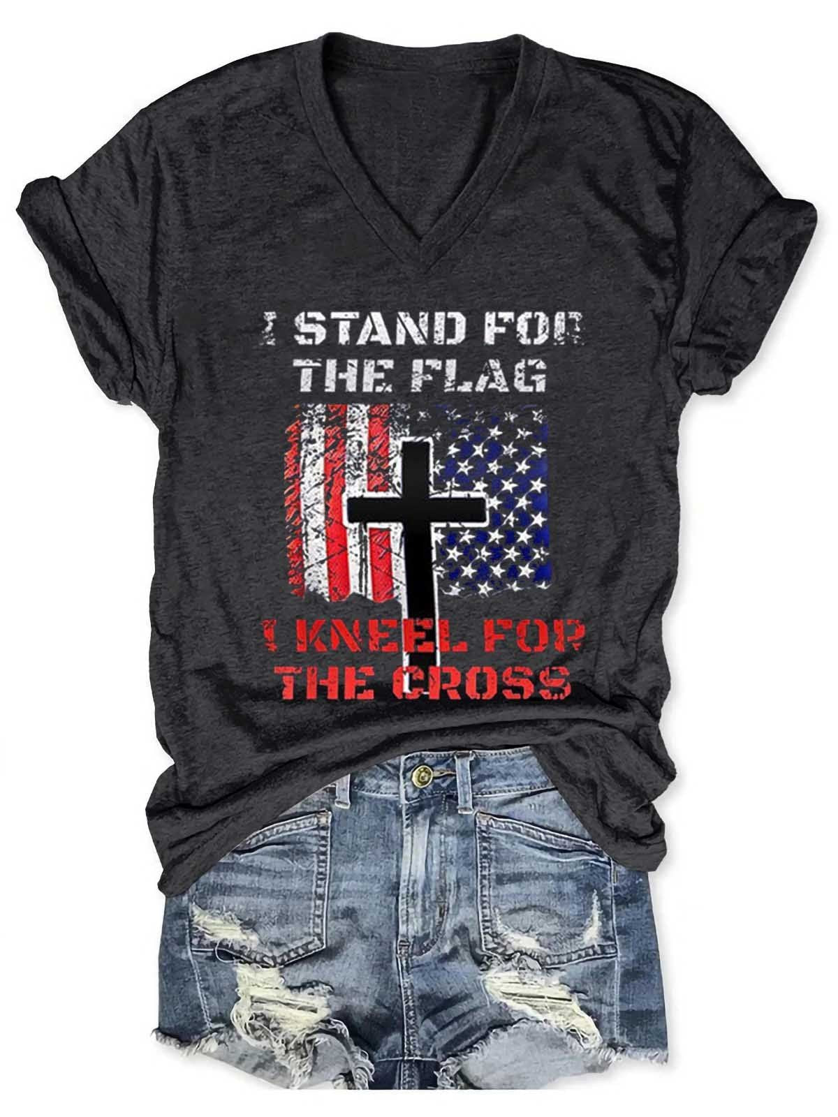 Women's I Stand For The Flag I Kneel For The Cross V-Neck T-Shirt