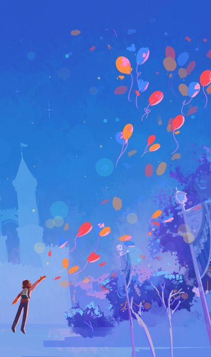 A vertical section of the book's cover featuring a child letting an array of balloons to go into the sky, with Jellie's castle in the background.