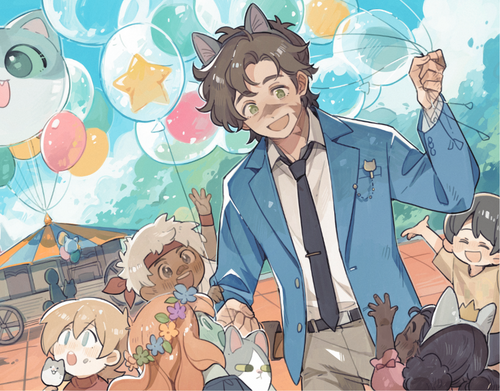 Illustration of Scar handing out balloons to hermit-themed children on a beautiful sunny day.  Artwork By Luminous-slime.