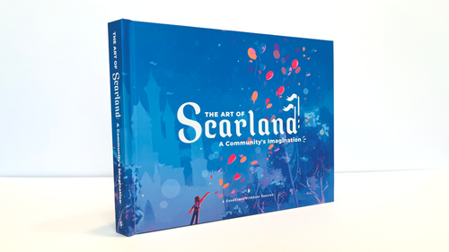 Photo of the Scarland Artbook standing up on a white background.