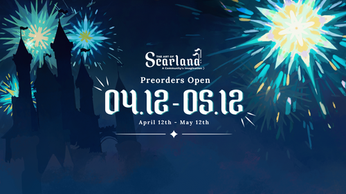 Silhouette of Jellie's castle with fireworks in the night sky. Text: Scarland Artbook, preorders open 04.12-05.12. April 12th - May 12th.