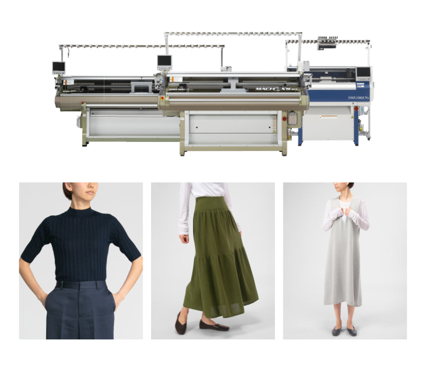 BLUEKNIT storeで取り扱いしている商品の多くは島精機製作所が開発した「ホールガーメント®横編み機」で作られています。