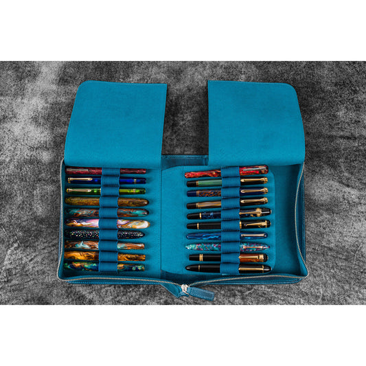 Galen Leather Zippered 40 Slots Pen Case - Crazy Horse Ocean Blue