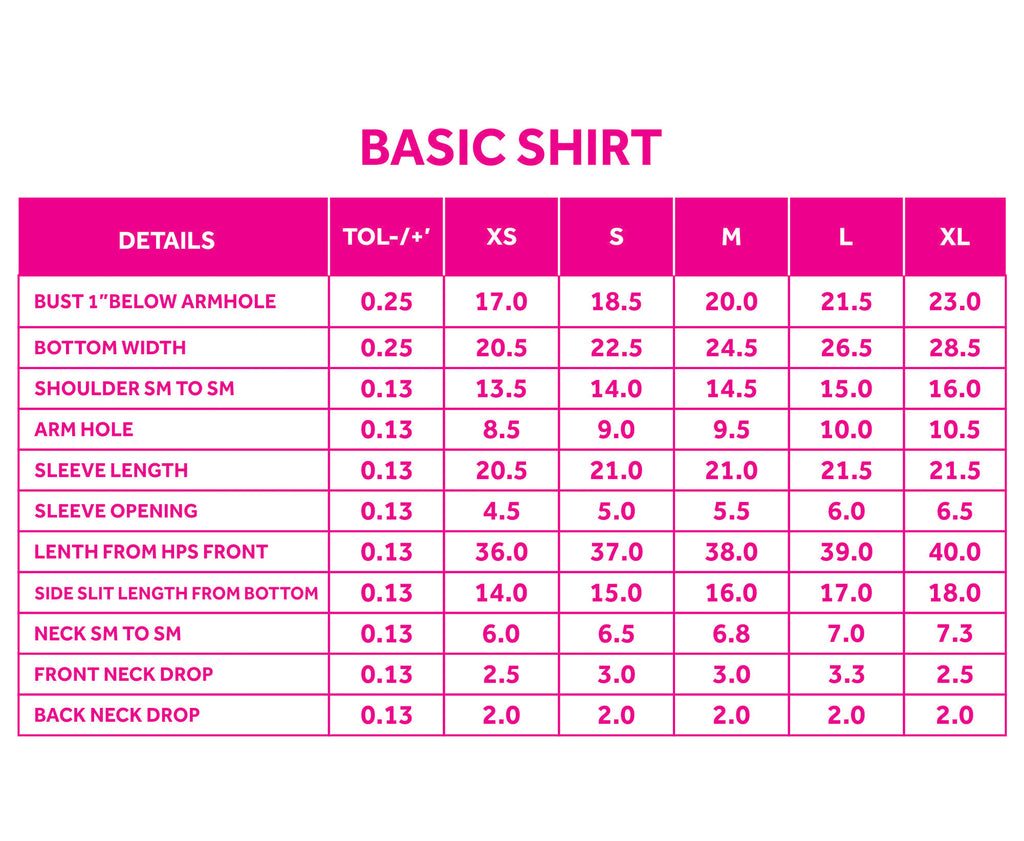 Ladies Shirt Size Chart