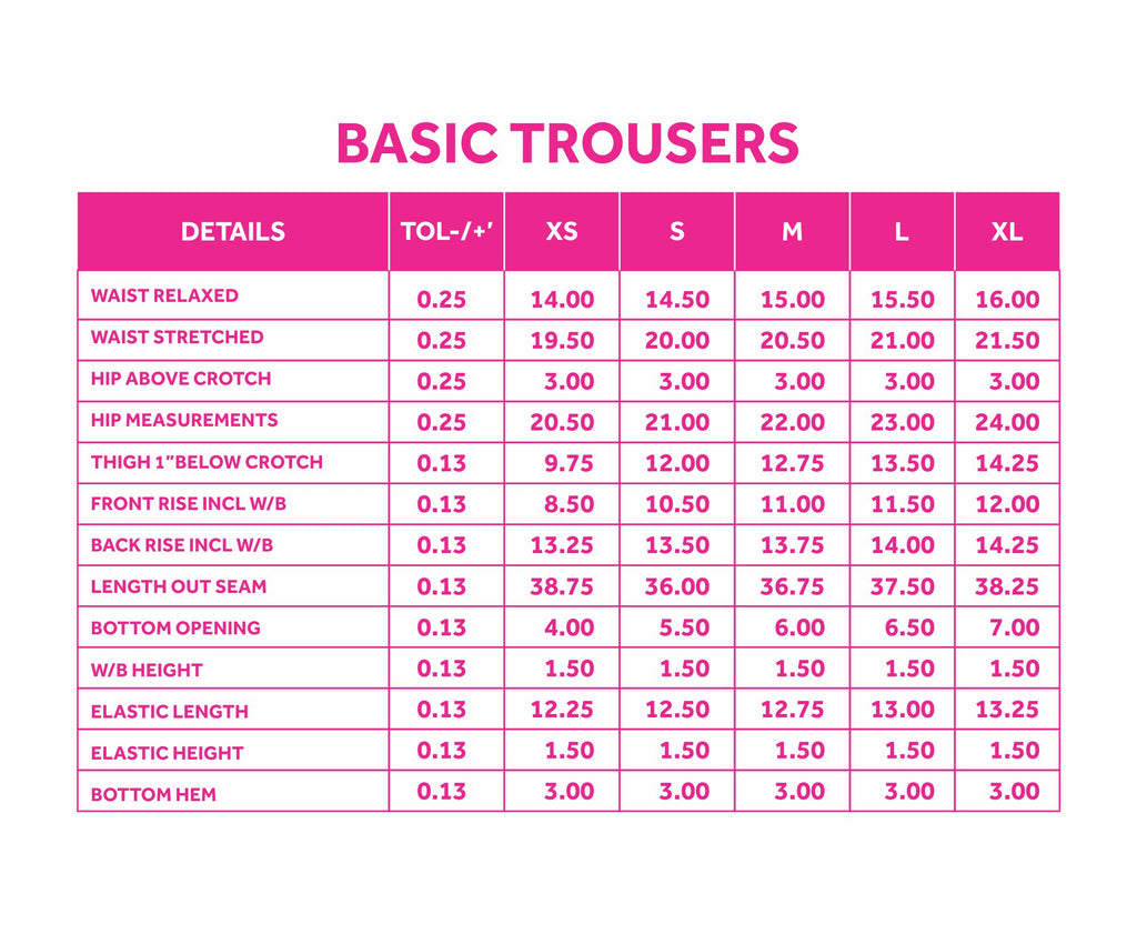 Ladies Basic Trouser Size Chart