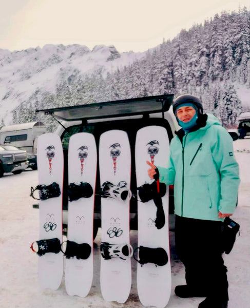 Jeff Fulton with a full quiver of Moonchild Live Wire Mount Baker Edition Snowboards