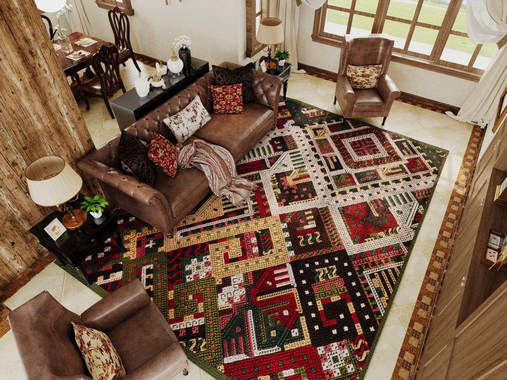 A multicolor rug in a living room.