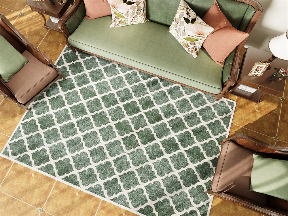 A geo moroccan white rug in a living room.