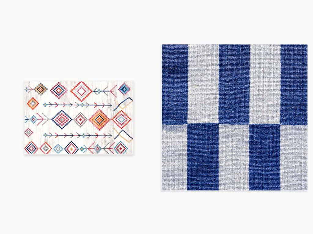 Sample picture of Rugitall Miami Outdoor Blue & White Rug beside a wooden bench & Rugitall Diamond Moroccan Polychrome Rug